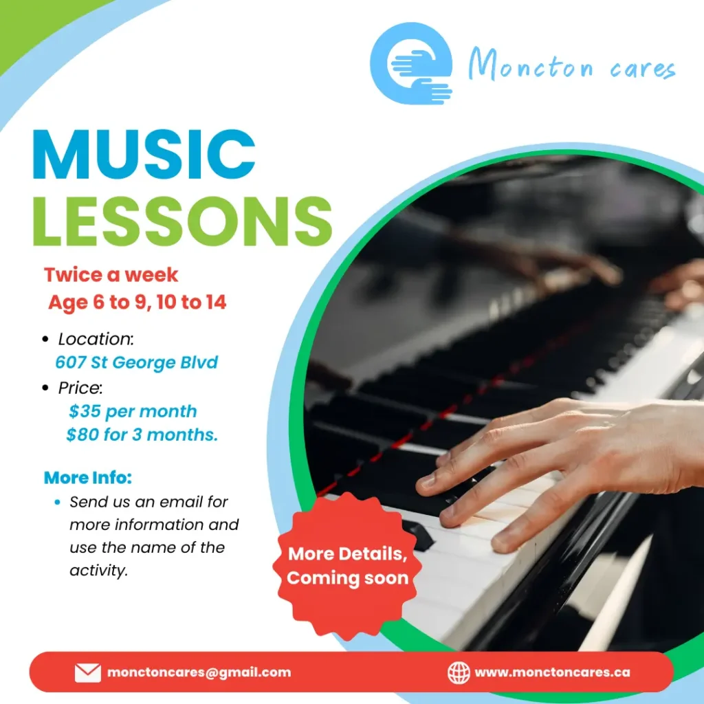 Piano lessons for beginners - learn music basics with 8 classes per month at Moncton Cares.